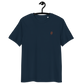 Front view of a navy colored embroidered bitcoin t-shirt.