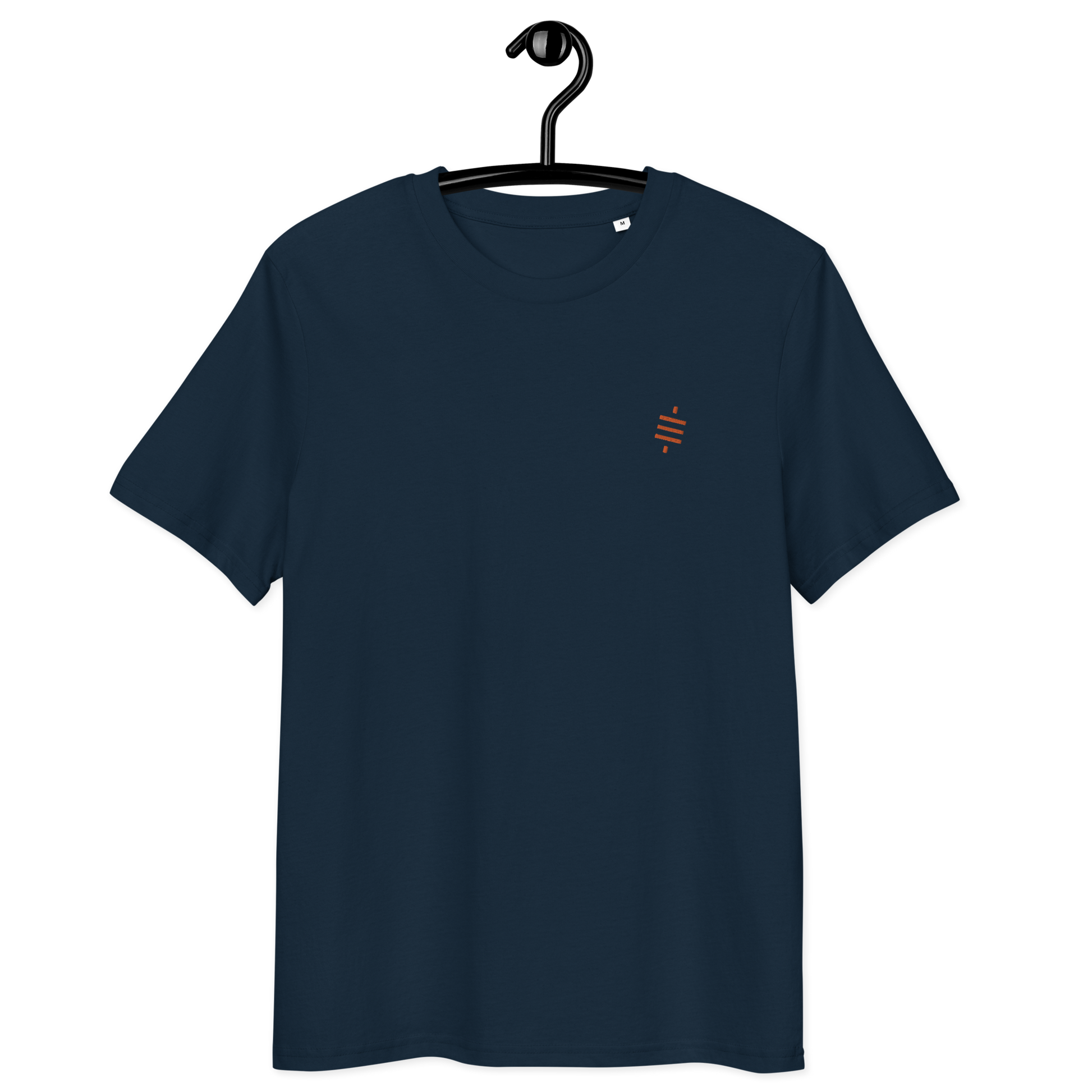 Front view of a navy colored embroidered bitcoin t-shirt.