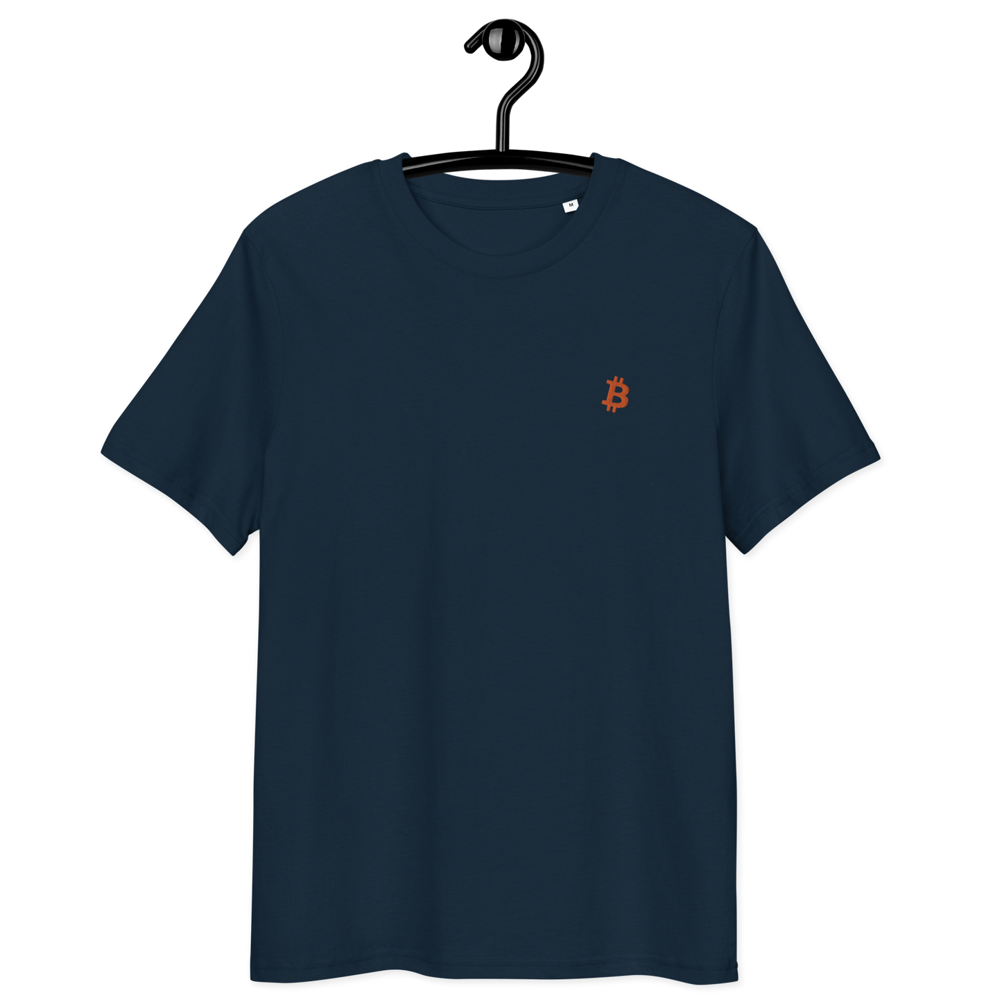 Front view of a navy colored embroidered bitcoin t-shirt.