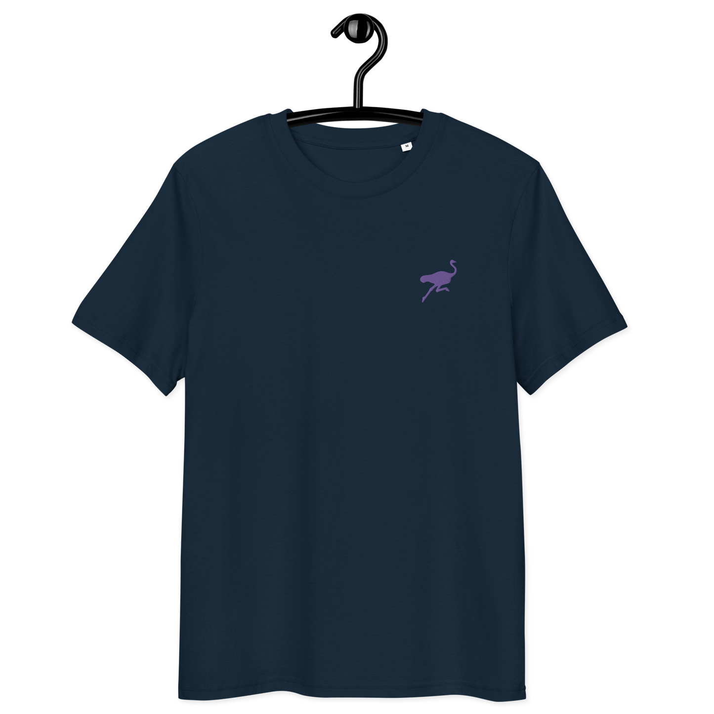 Front view of a navy colored embroidered nostr t-shirt.