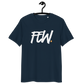 Front view of a navy colored bitcoin t-shirt.