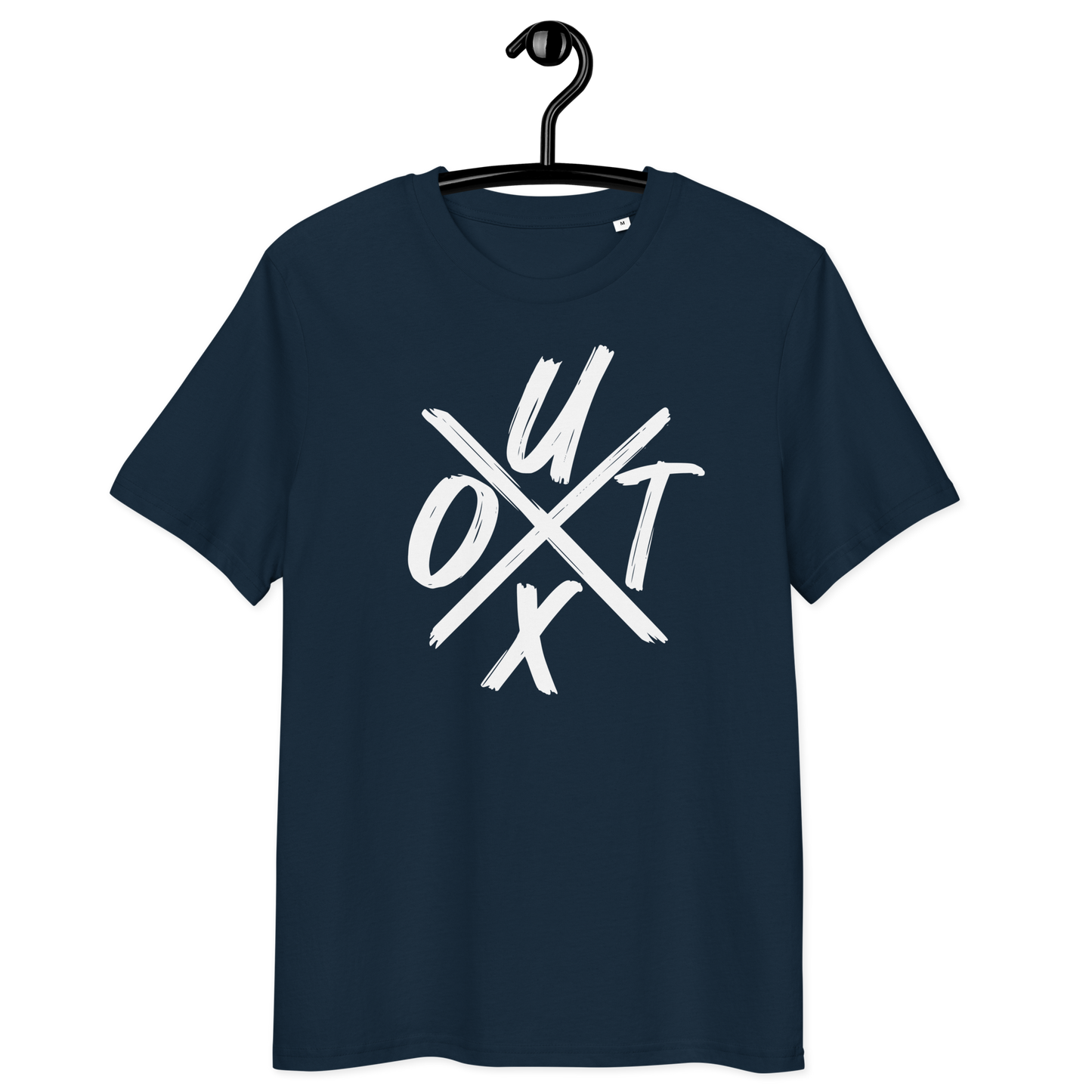 Front view of a navy colored bitcoin t-shirt.