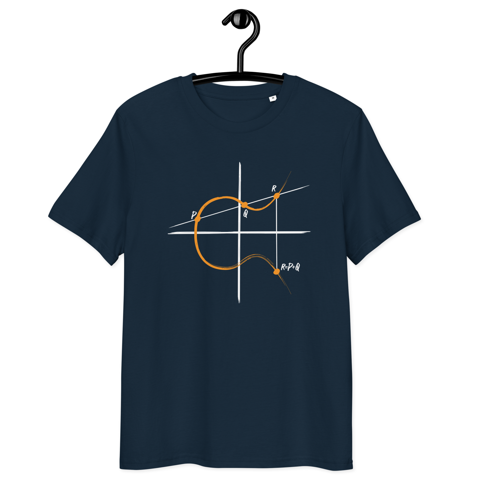 Front view of a navy colored bitcoin t-shirt.