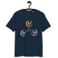 Front view of a navy colored bitcoin t-shirt.