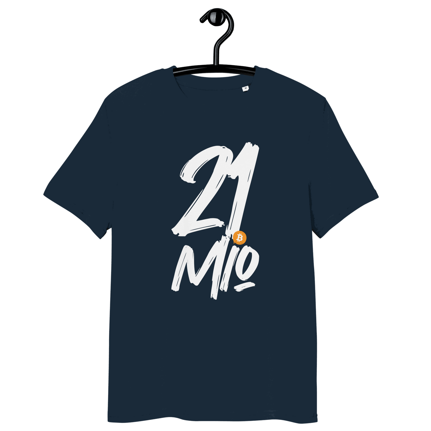 Front view of a navy colored bitcoin t-shirt.