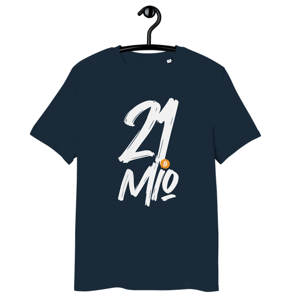 Front view of a navy colored bitcoin t-shirt.