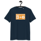 Front view of a navy colored bitcoin t-shirt.