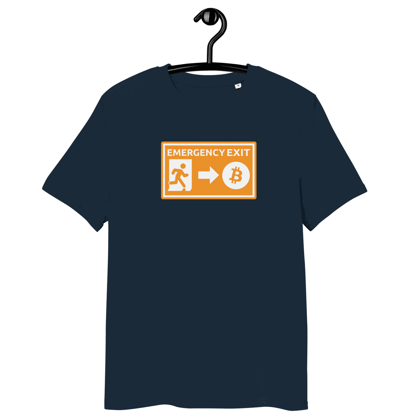 Front view of a navy colored Emergency Exit bitcoin t-shirt.