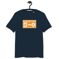 Front view of a navy colored Emergency Exit bitcoin t-shirt.