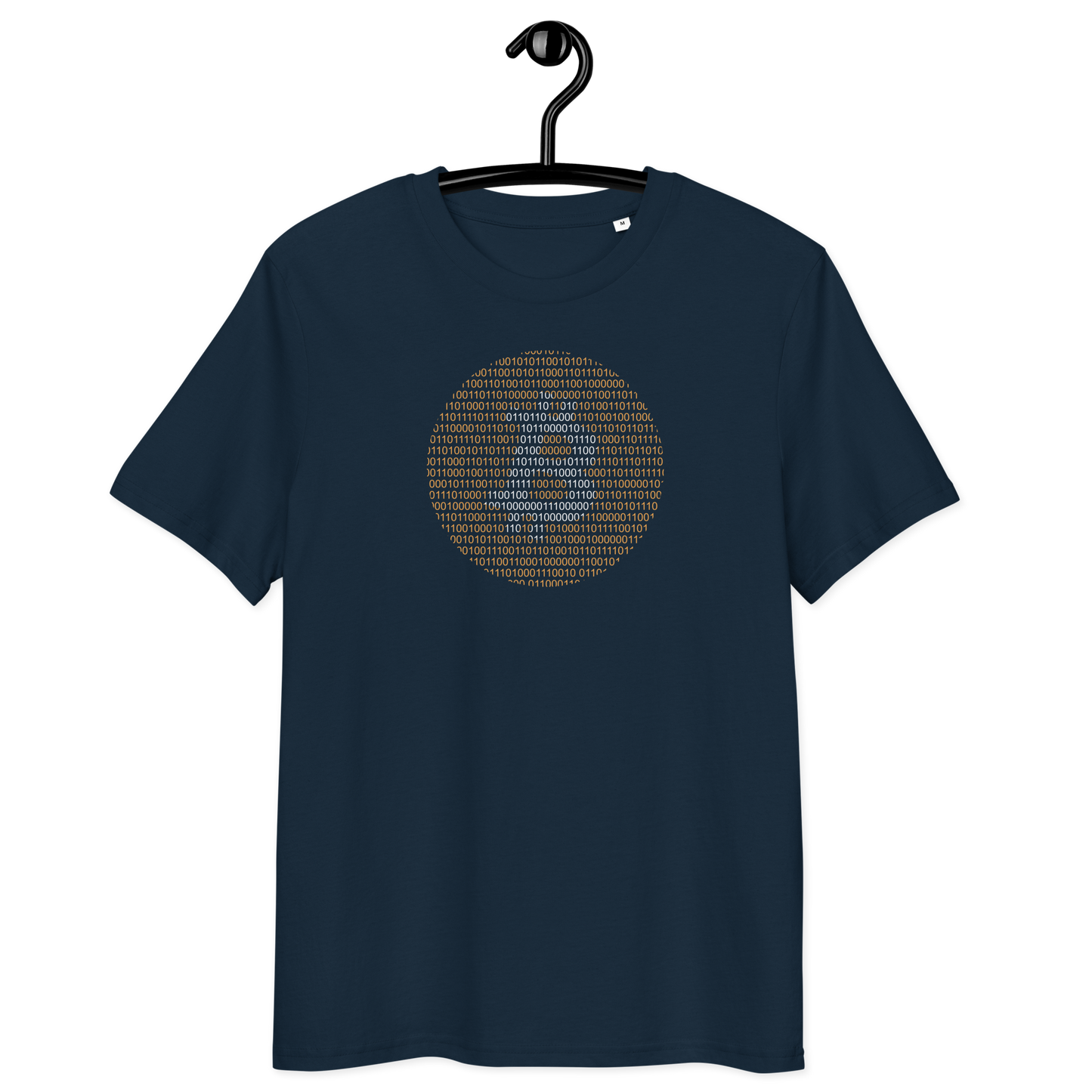 Front view of a navy colored bitcoin t-shirt.