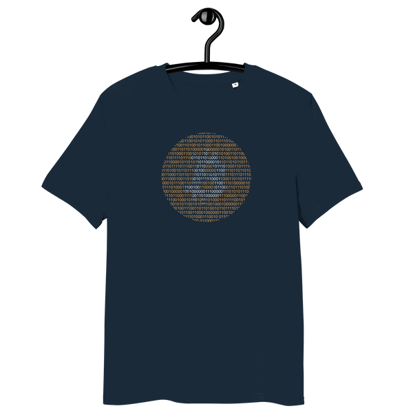 Organic cotton Bitcoin Binary t-shirt with sustainability certification logos