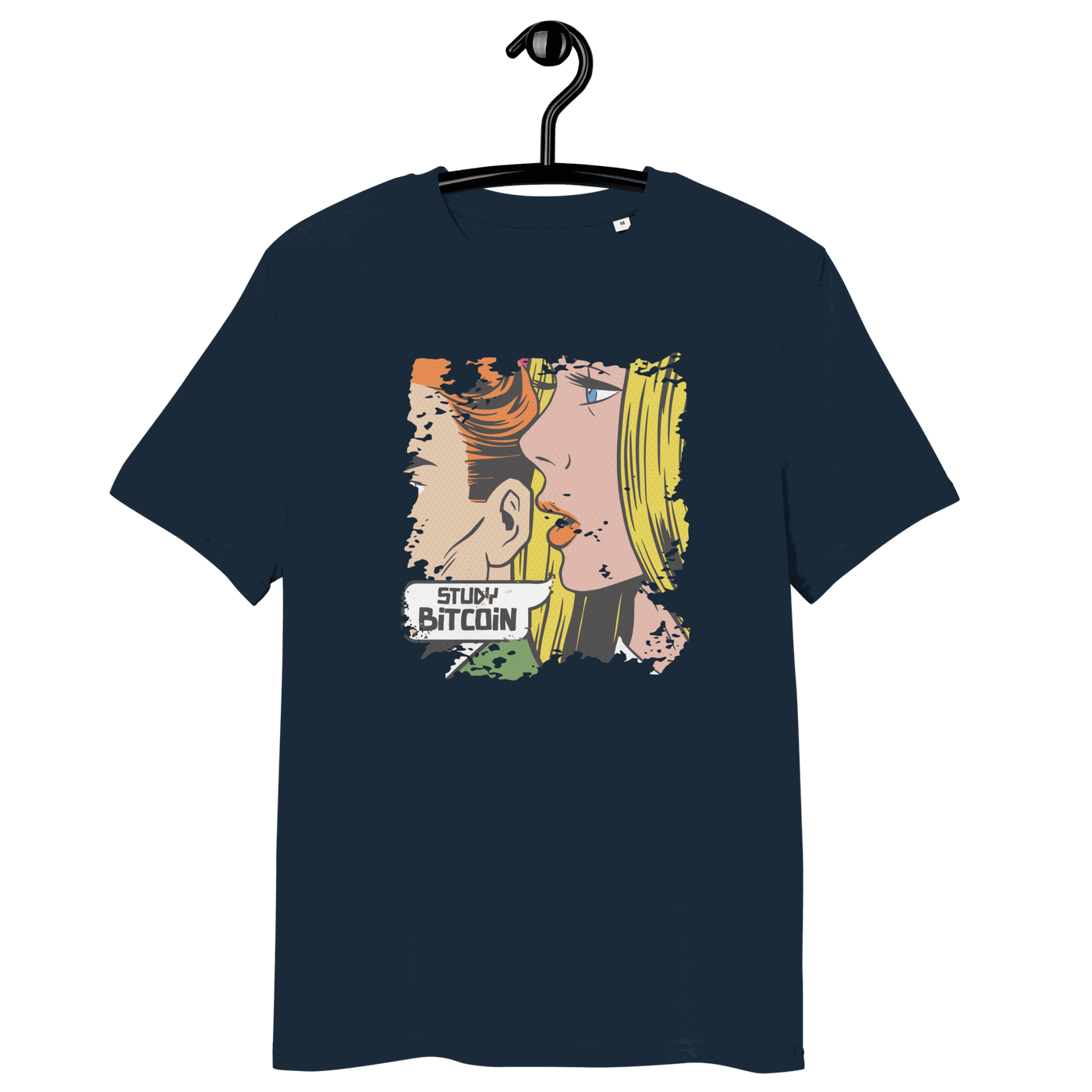 Organic cotton t-shirt with Study Bitcoin comic design and eco-friendly certifications