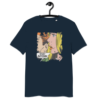 Organic cotton t-shirt with Study Bitcoin comic design and eco-friendly certifications