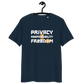 Front view of a navy colored bitcoin t-shirt.