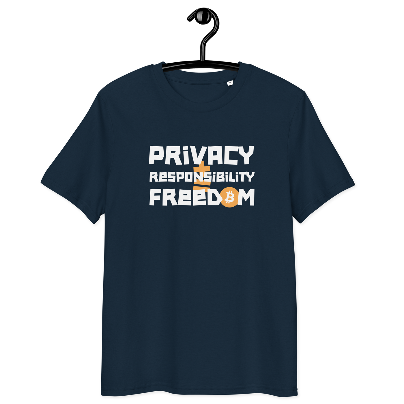 Certification logos for Organic Cotton Bitcoin T-Shirt emphasizing privacy, responsibility, and freedom