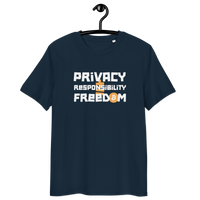 Certification logos for Organic Cotton Bitcoin T-Shirt emphasizing privacy, responsibility, and freedom