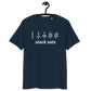 Front view of a navy colored bitcoin t-shirt.