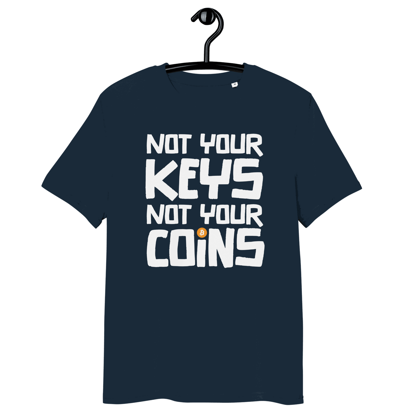 Front view of a navy colored bitcoin t-shirt.