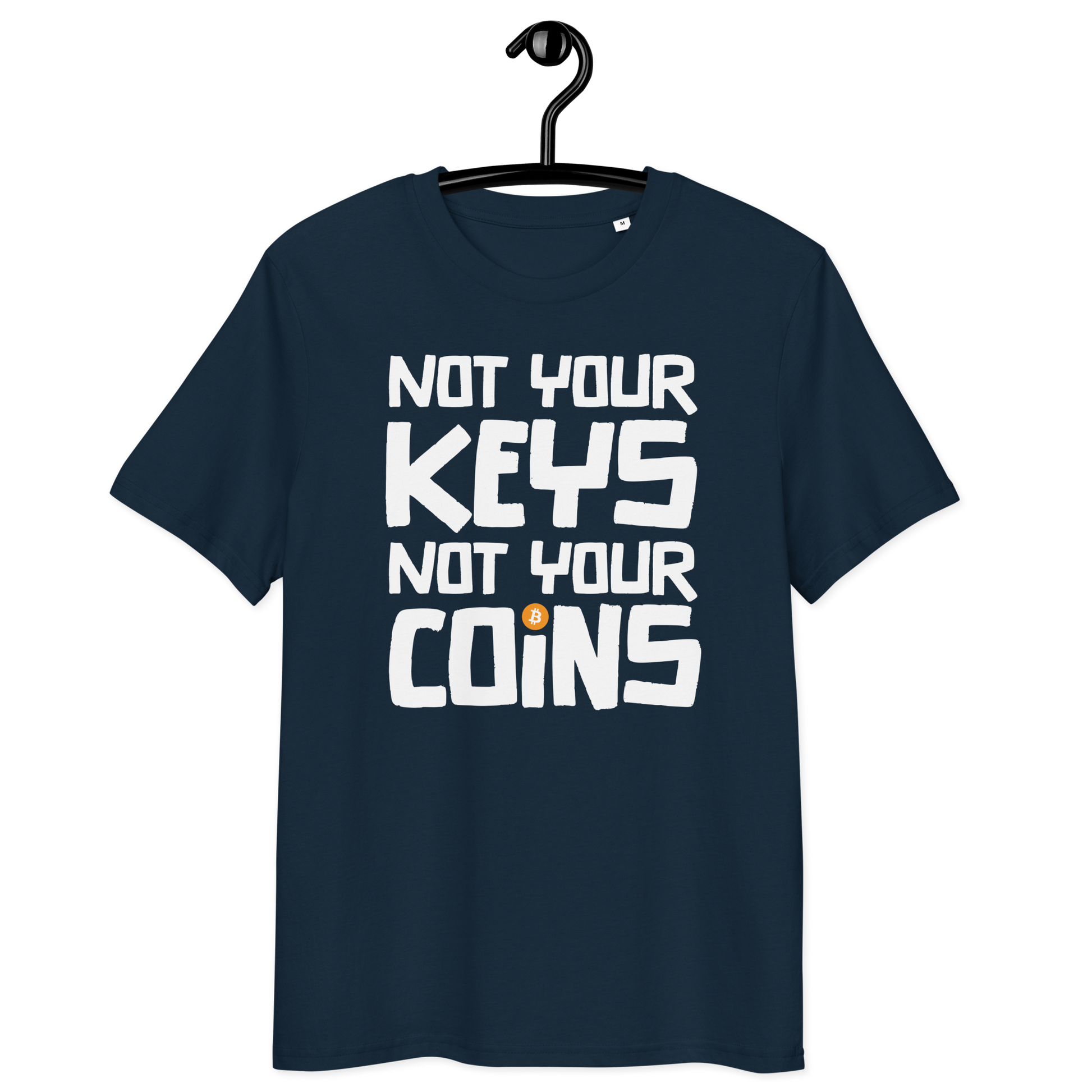 Front view of a navy colored bitcoin t-shirt.