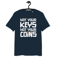 Front view of a navy colored bitcoin t-shirt.