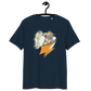 Front view of a navy colored bitcoin t-shirt.