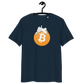 Front view of a navy colored bitcoin t-shirt.