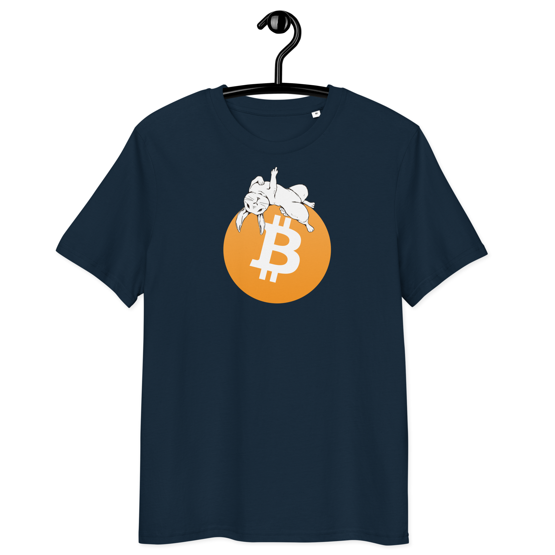 Front view of a navy colored bitcoin t-shirt.