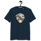 Front view of a navy colored bitcoin t-shirt.