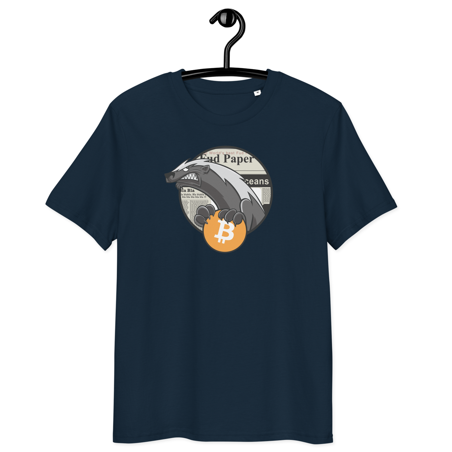 Front view of a navy colored bitcoin t-shirt.