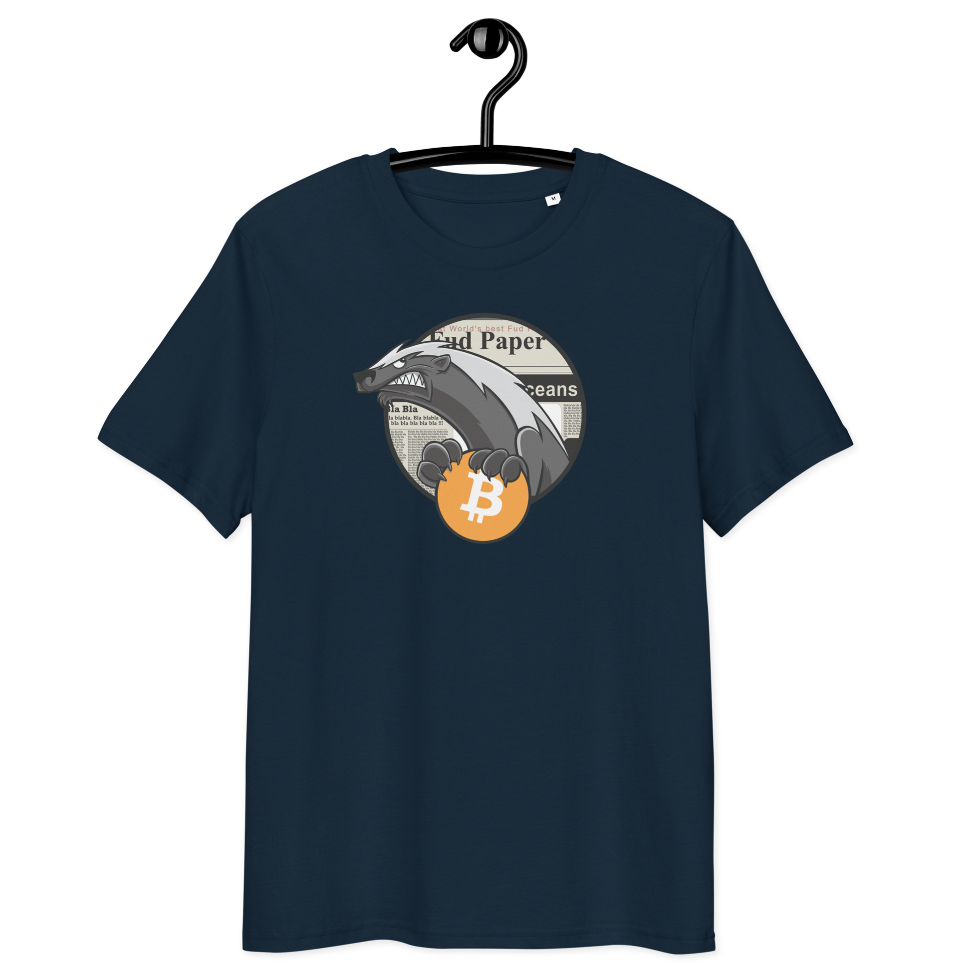 Front view of a navy colored bitcoin t-shirt.