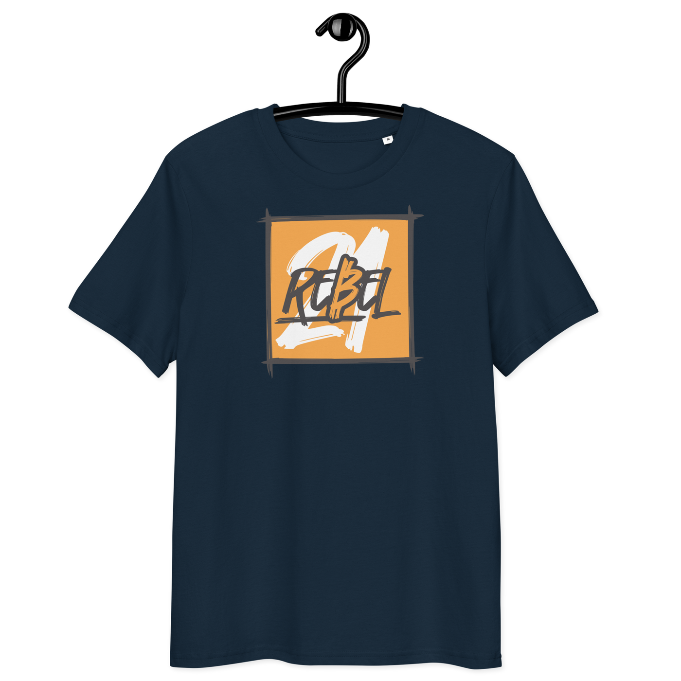 21 Rebel organic cotton Bitcoin t-shirt with eco-friendly certification logos