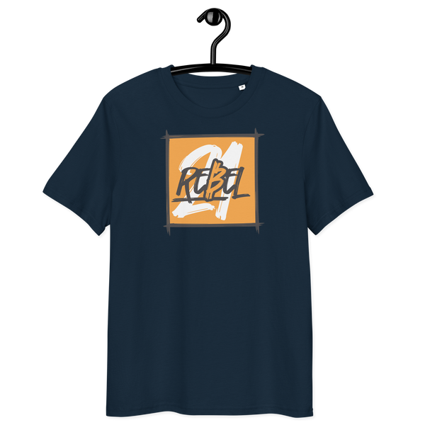 21 Rebel organic cotton Bitcoin t-shirt with eco-friendly certification logos