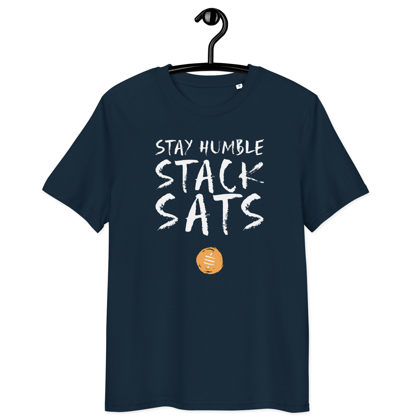 Front view of a navy colored bitcoin t-shirt.