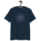 Front view of a navy colored bitcoin t-shirt.