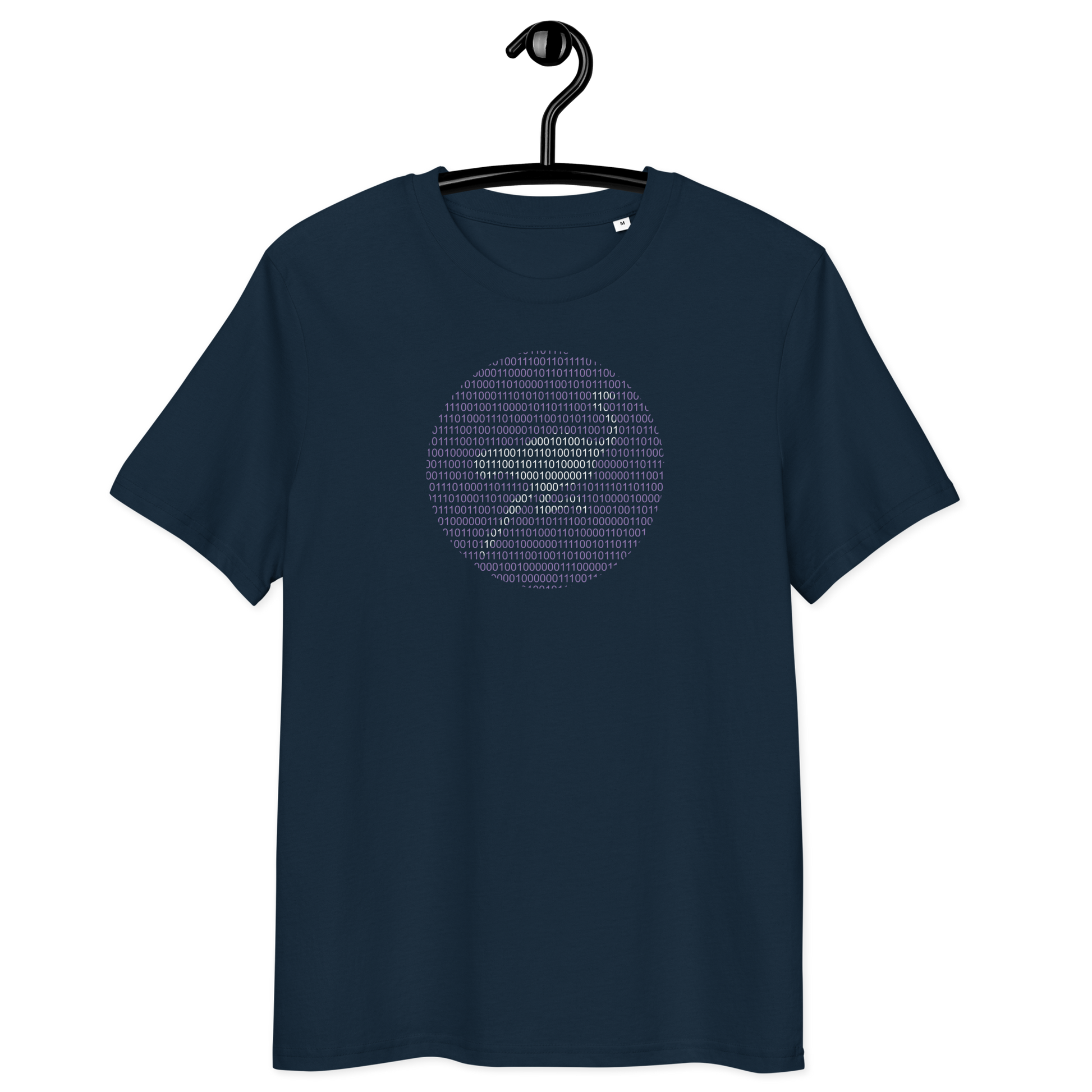 Front view of a navy colored bitcoin t-shirt.