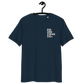 Front view of a navy colored embroidered bitcoin t-shirt.