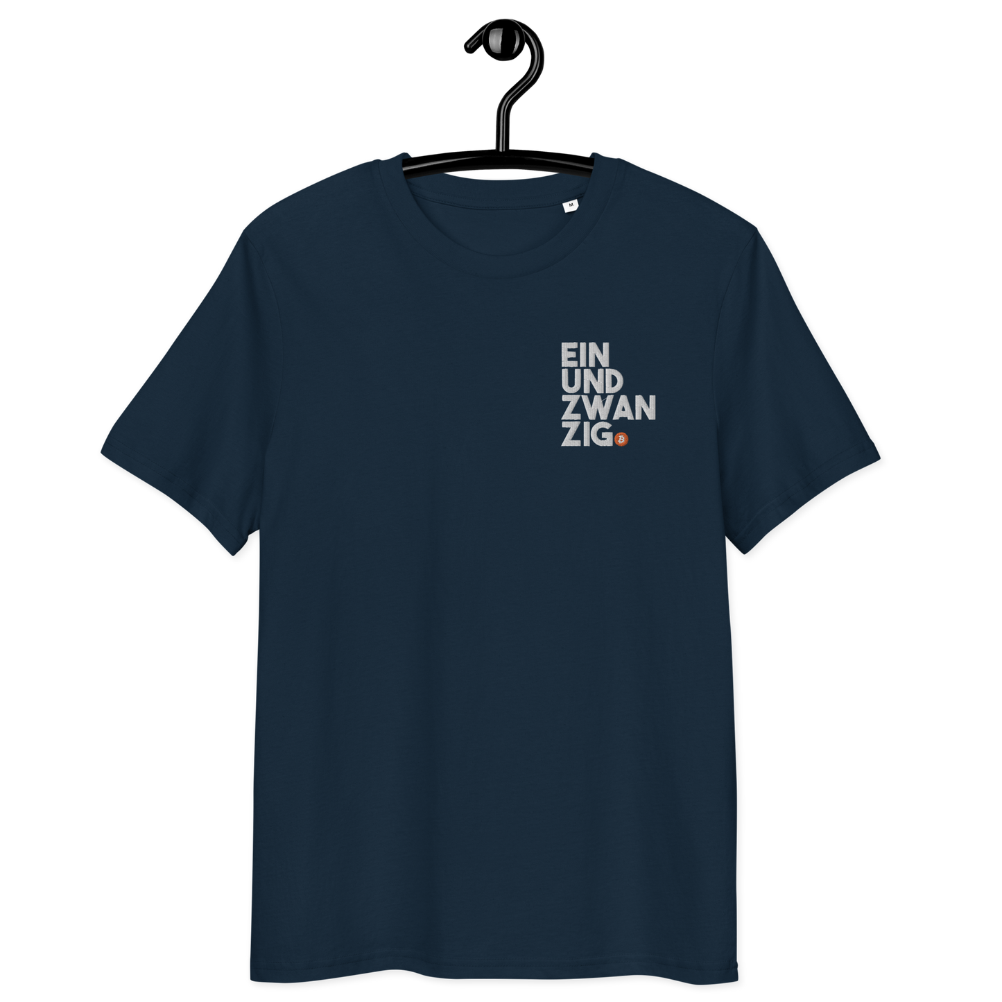 Front view of a navy colored embroidered bitcoin t-shirt.