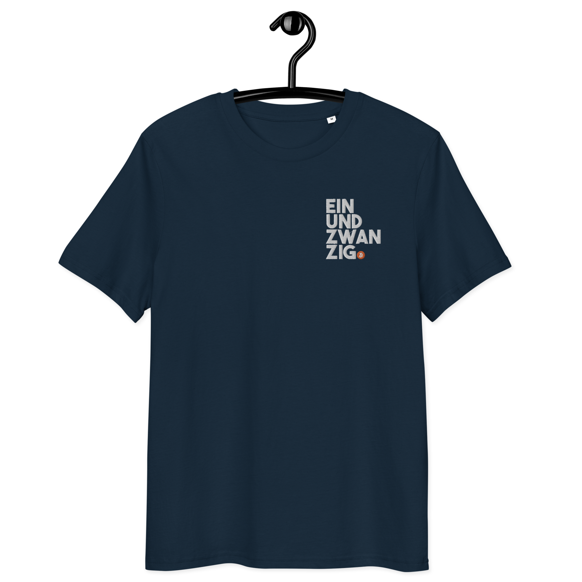 Front view of a navy colored embroidered bitcoin t-shirt.