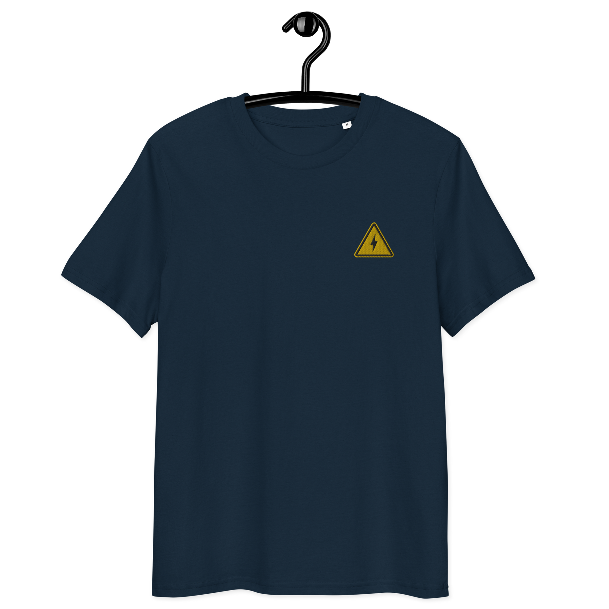 Front view of a navy colored bitcoin t-shirt.