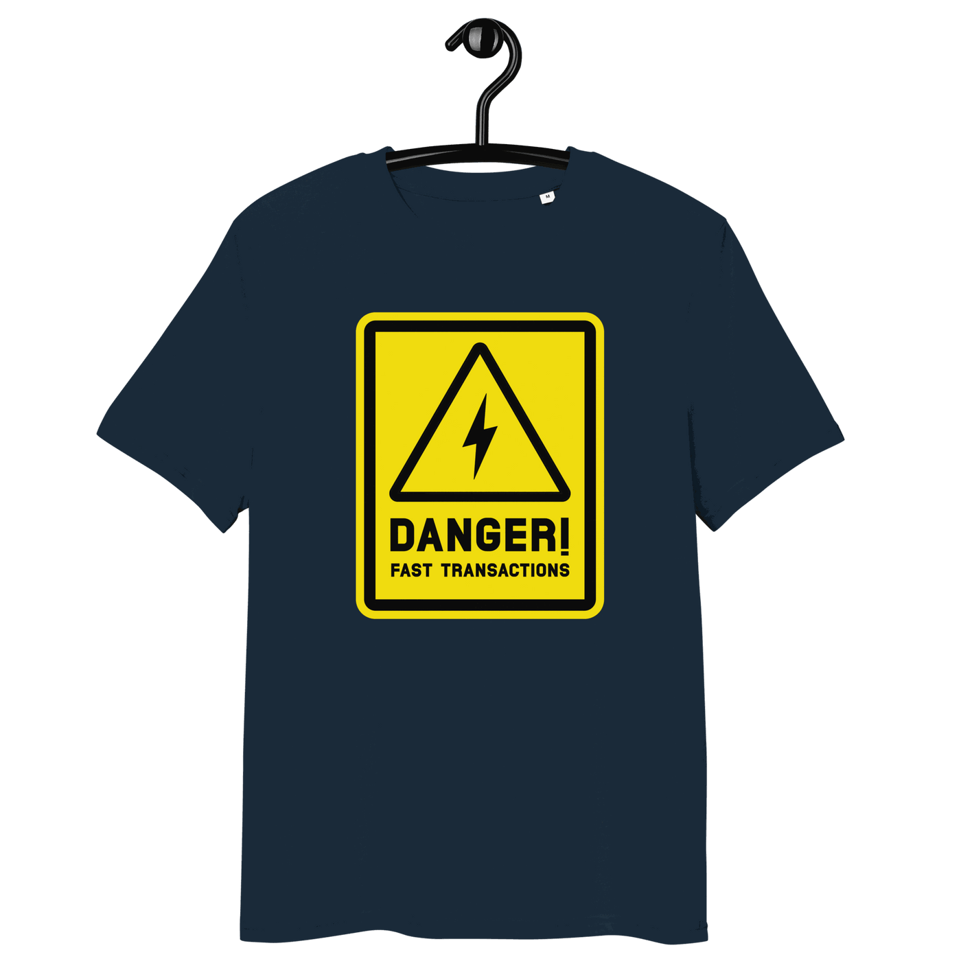 Front view of a navy colored bitcoin t-shirt.