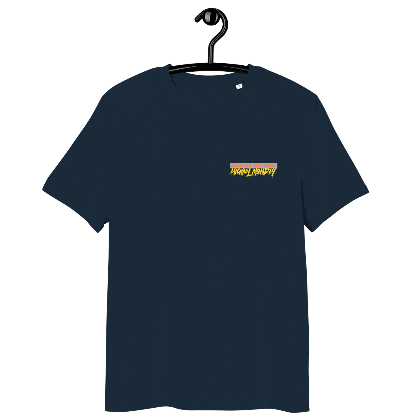 Michael Monday Anarcho Late Night organic cotton shirt with certification logos and detailed size chart