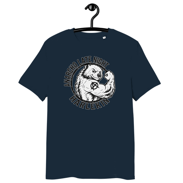 Certification logos for Anarcho Late Night organic cotton t-shirt including OEKO-TEX, PETA, GOTS, OCS, and GRS