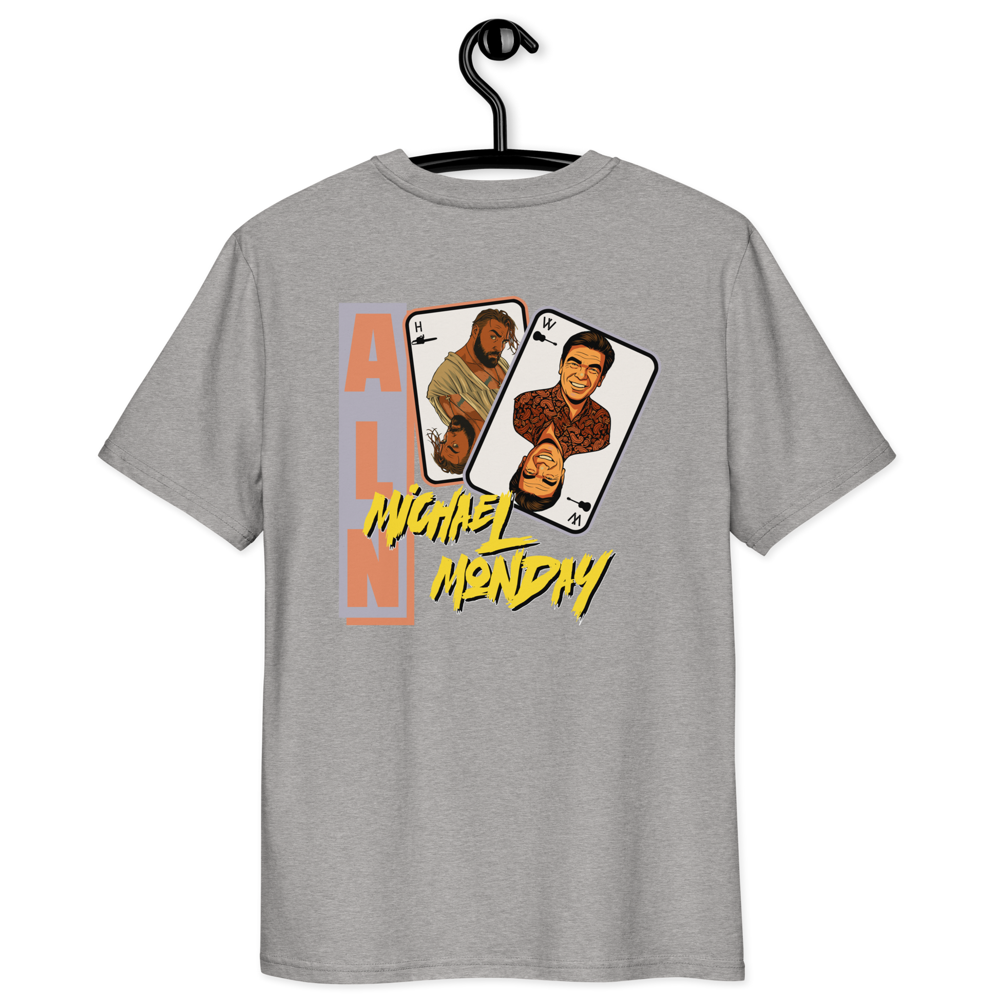 Back view of a heather grey aln t-shirt.