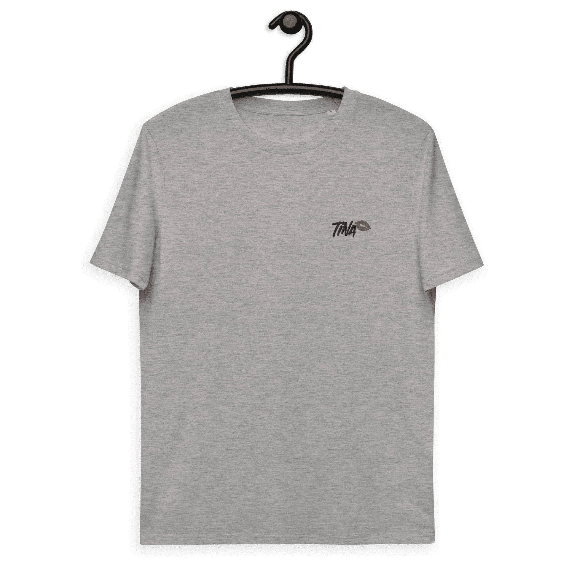 Front view of a heather grey embroidered bitcoin t-shirt.