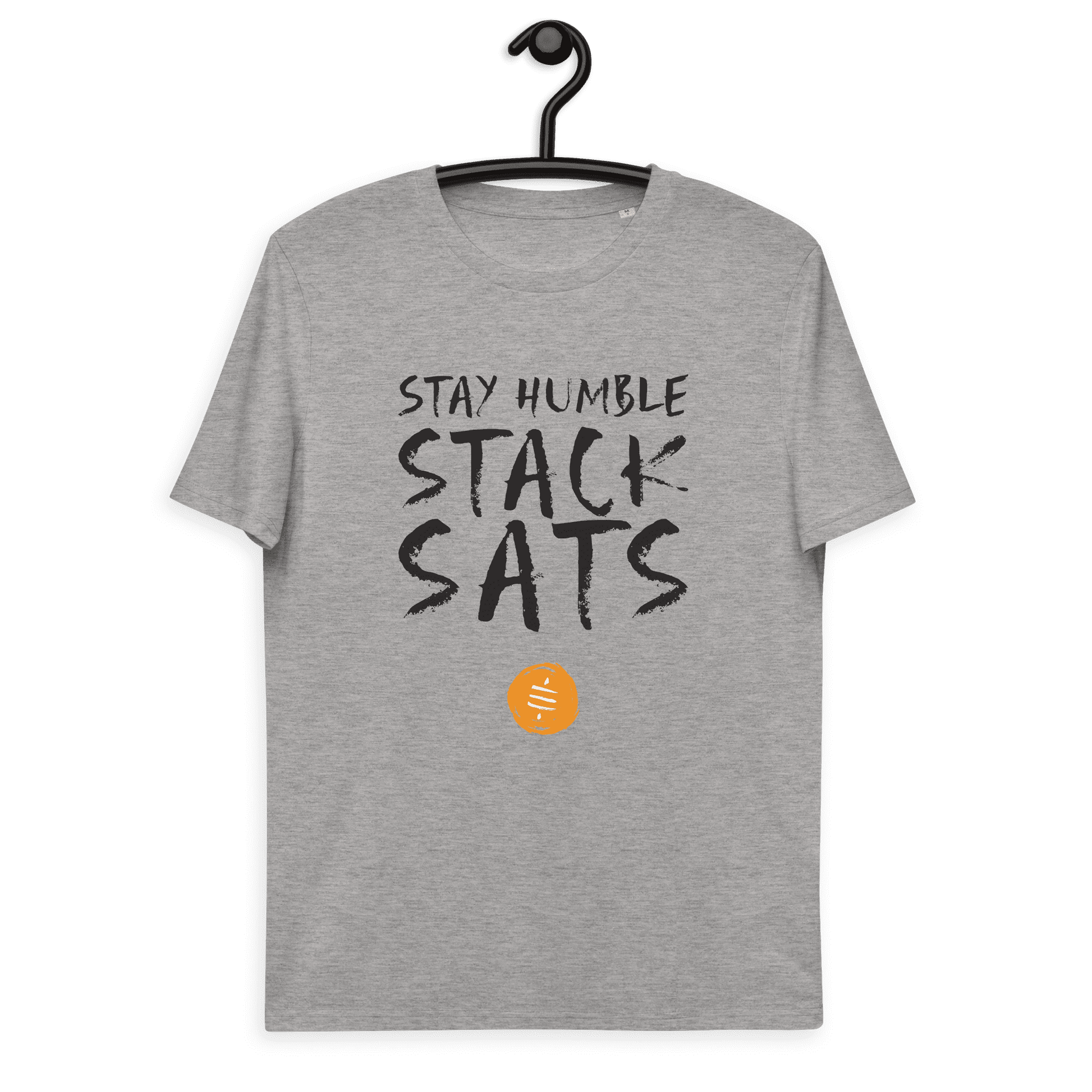 Front view of a heather grey colored bitcoin t-shirt.