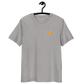 Front view of a heather grey bitcoin t-shirt.