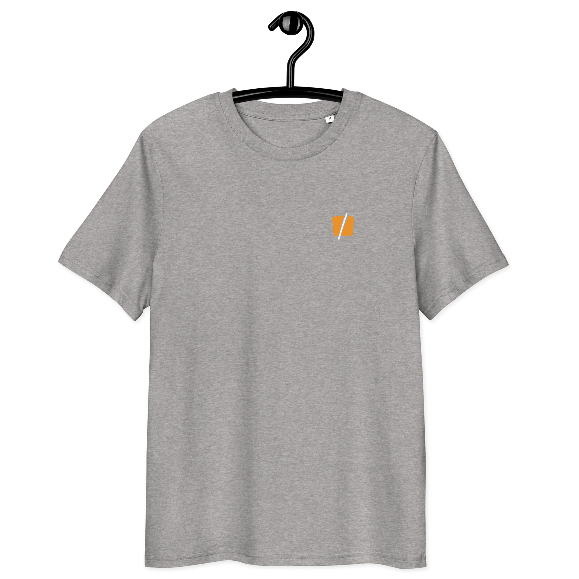 Front view of a heather grey bitcoin t-shirt.