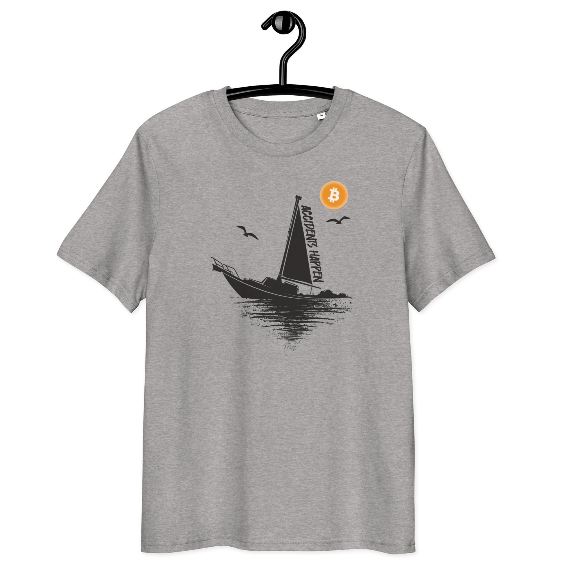 Front view of a heather grey bitcoin t-shirt.