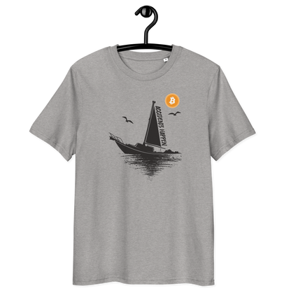 Front view of a heather grey bitcoin t-shirt.