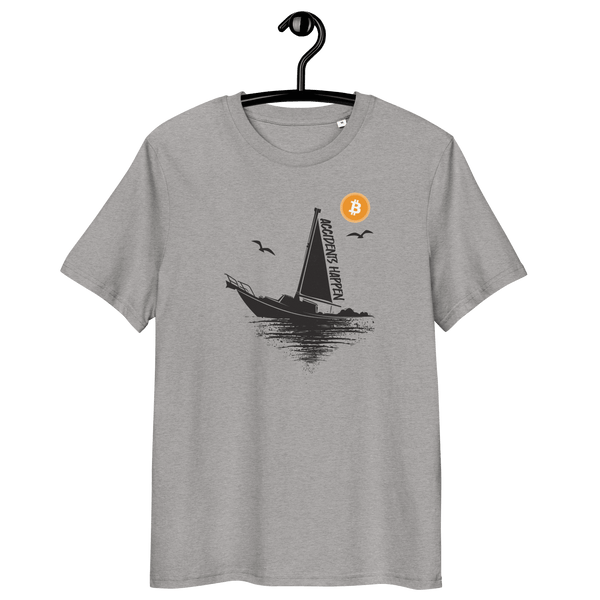 Organic cotton bitcoin t-shirt with boat accident meme and eco-friendly certification logos